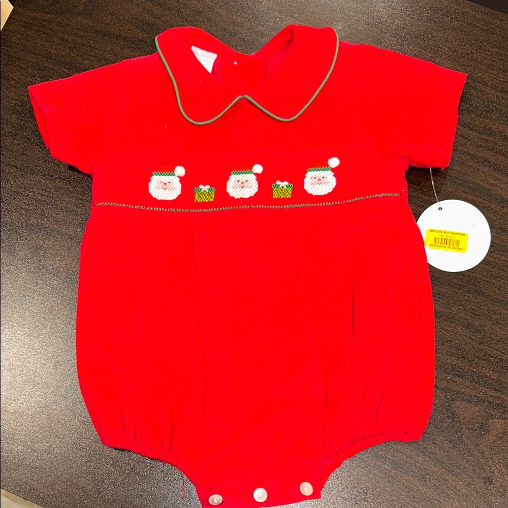 Edgehill Collection Baby Christmas Romper Red 6M Smocked Santa - Picture 3 of 7